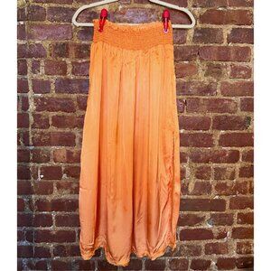 Sunset Orange Flowy Satin Midi Skirt